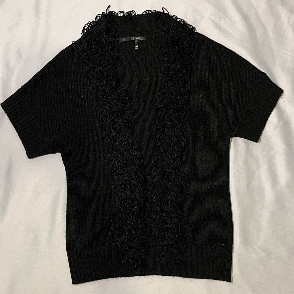 Mac & Jac Black Textured Knit Cardigan Fringed Collar Puff Sleeves Size Medium